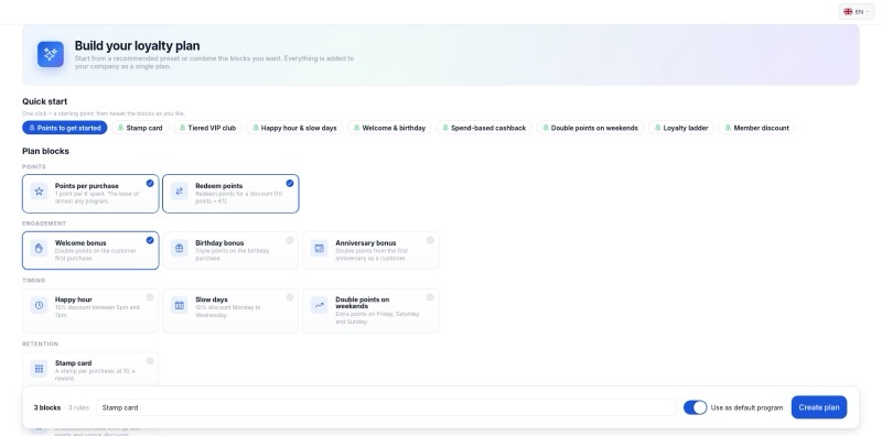 TPV real: constructor del plan de fidelización por bloques (puntos, sellos, VIP, happy hour)